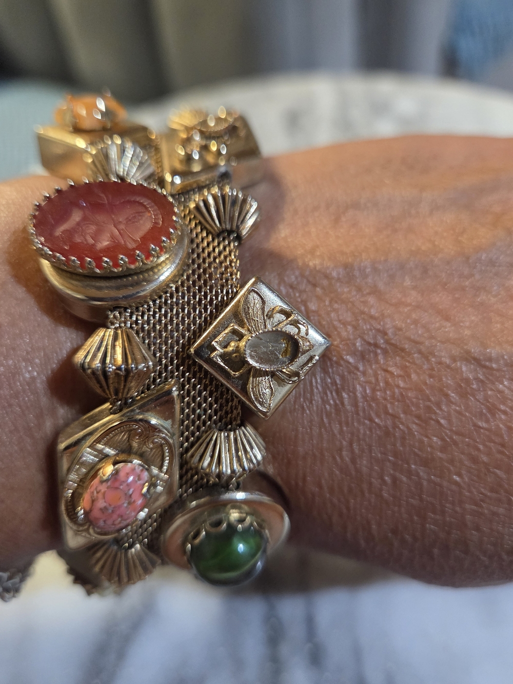 Vintage Victorian Gold-Tone Multi-Stone Bracelet Blue, Green, Red and Yellow - Picture 11 of 12